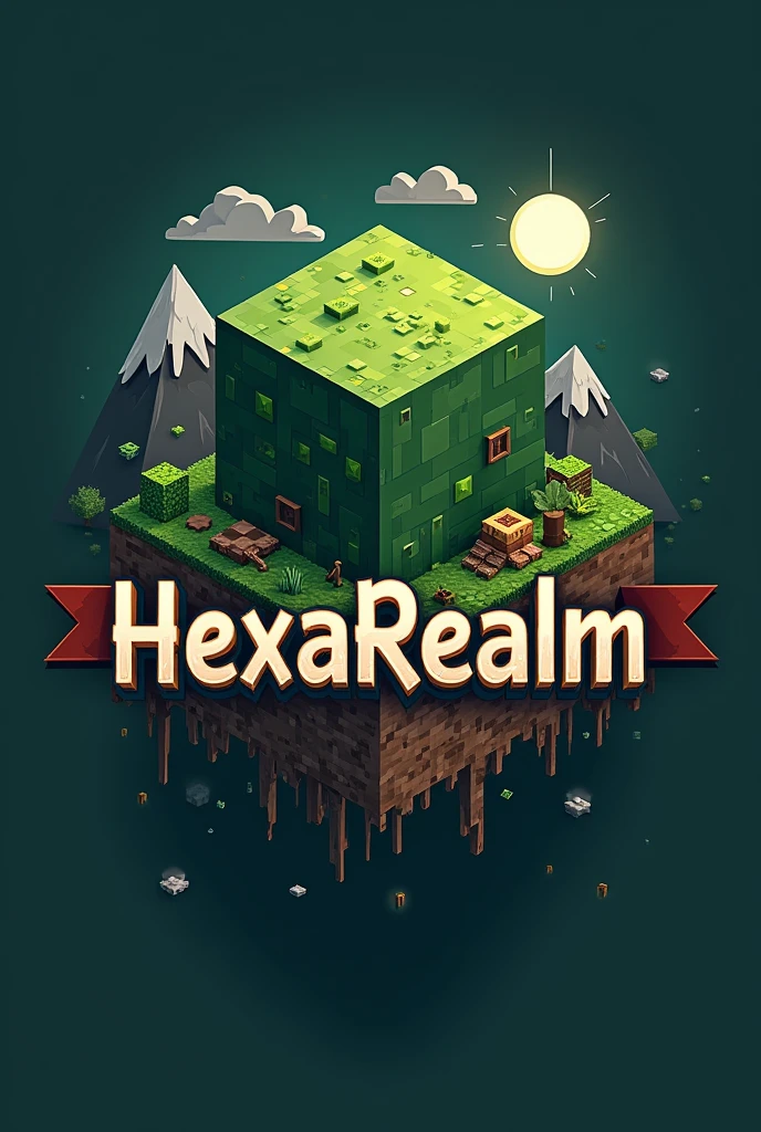 "Create a profile picture for a Minecraft server called 'HexaRealm'. The design should emphasize the theme of intense survival gameplay and teamwork between friends in a hardcore Minecraft survival setting.. Use a color palette that evokes an adventurous and immersive environment, including shades of dark green, brown and gray. The icon should feature a stylized cube or hexahedron with textures that resemble Minecraft blocks., integrated into a background that suggests an expansive and challenging world, with elements such as mountains, caves and natural resources. Incorporate Minecraft survival tools and scenarios to reflect the community aspect. The text 'HexaRealm' should be highlighted, with a font that resembles the style of Minecraft, and include the terms 'Hexa-players' or 'Survival Hardcore' in a banner or banner style for personalization."