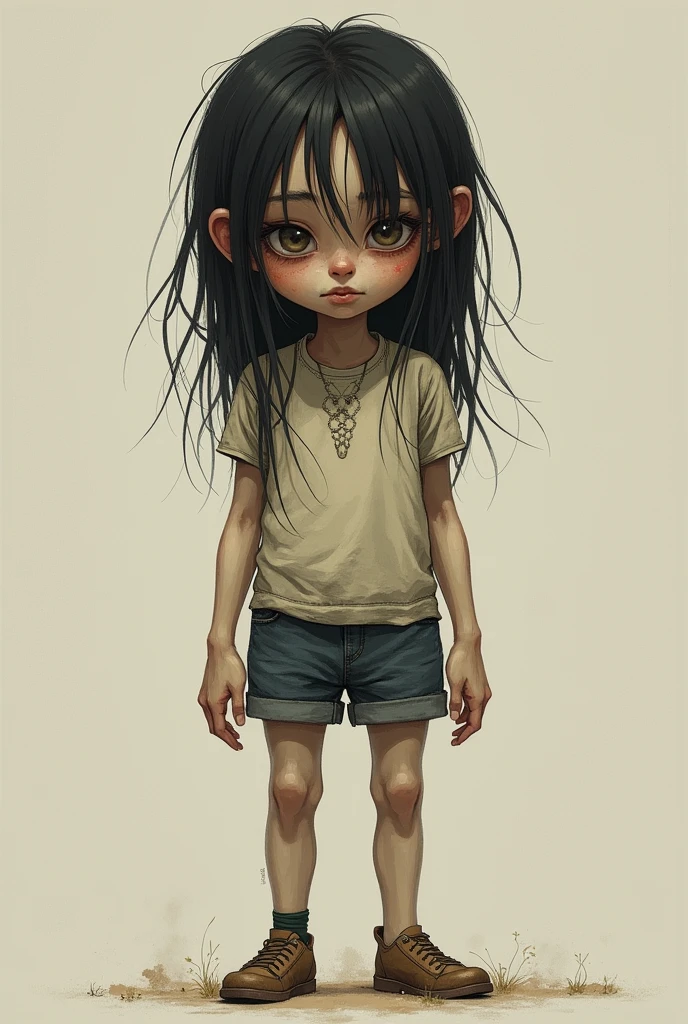 A skinny and clumsy girl, with yellowish and colorless skin, dark, straight hair, and rough features.
