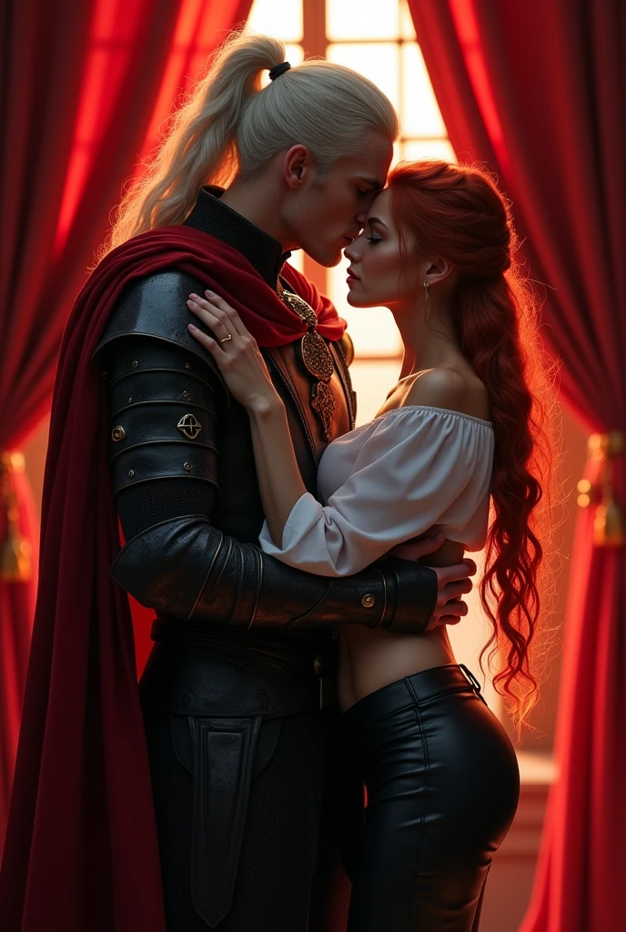 Create a prince of hell, May he be tall and handsome, that he has dark armor with a red cape, that she has long white hair tied in a high ponytail with some loose locks, that he is passionately kissing a beautiful redhead woman, She has her hair tied back in a single braid, that she is dressed in a white shirt and leather pants, Put them both behind a red curtain as if they were hiding against a large window. That the two of them are kissing