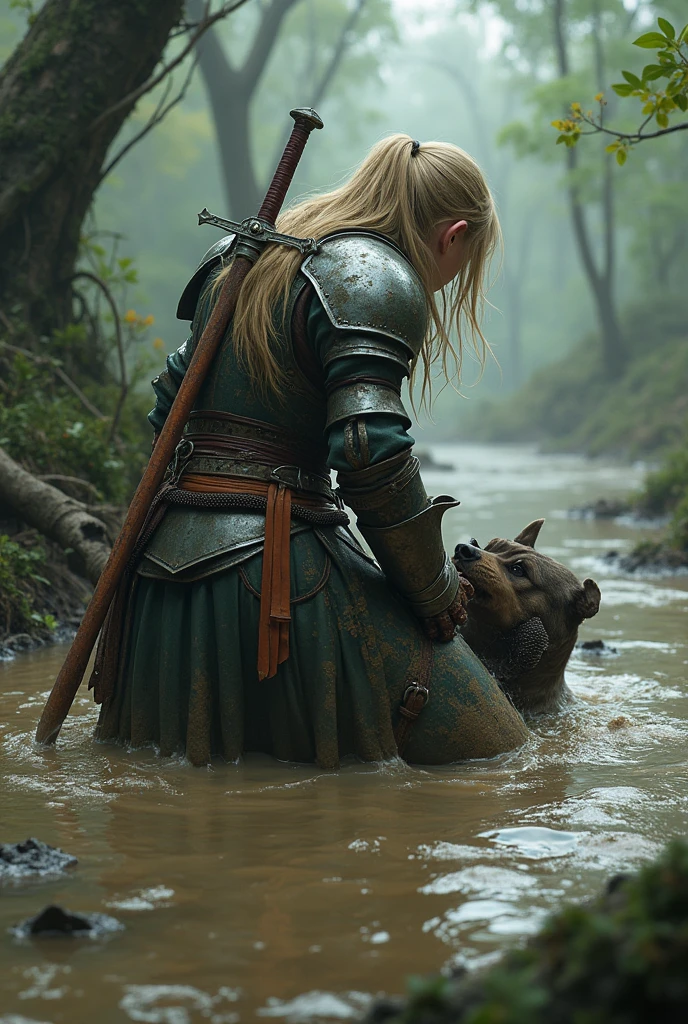 fantasy setting, a human warrior resembling Fire Emblem's Titania crawling away in a muddy swamp seen from behind with a dog biting a leg