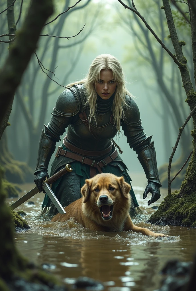fantasy setting, a human warrior resembling Fire Emblem's Titania crawling away in a muddy swamp seen from behind with a dog biting a leg