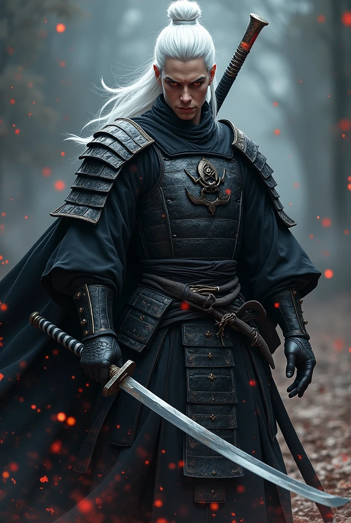 Red eyes, white hair, dressed in black tones, a man with short hair, carrying a samurai sword, wearing samurai clothing, has magic.