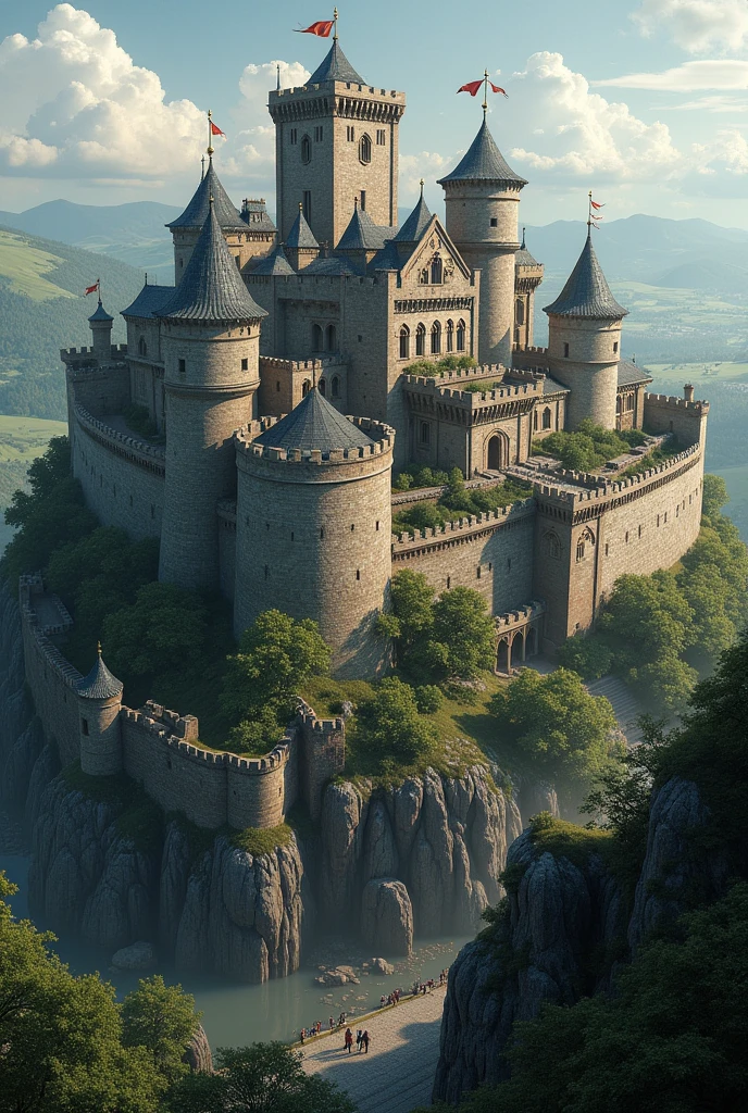 Castle on a hill with a defensive system of two walls. There is a parade ground in the outer wall., a blacksmith shop, stables guard towers, a barbican to defend the main gate. In the inner wall is the throne room, a library, a kitchen, a study room for the king and rooms for guests