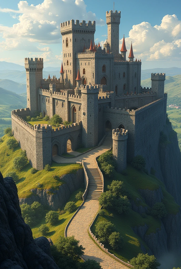 Castle on a hill with a defensive system of two walls. There is a parade ground in the outer wall., a blacksmith shop, stables guard towers, a barbican to defend the main gate. In the inner wall is the throne room, a library, a kitchen, a study room for the king and rooms for guests