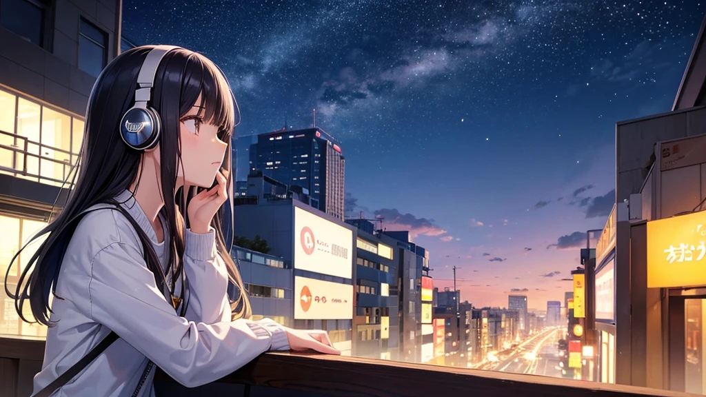 View of the autumn evening sky from a cafe。A young girl with black hair wearing stylish clothes and headphones labeled "lo-fi" The girl is shown in profile, gazing into the distance with a calm, relaxed expression Background depicts the iconic scenery of Namba, Osaka at night, without any text on signs A starry night sky adding to the peaceful atmosphere Overall mood is quiet and serene, perfect for lo-fi music Detailed hair rendering and careful attention to the girl's fashionable outfit The entire scene should evoke a relaxing, introspective feeling associated with lo-fi music