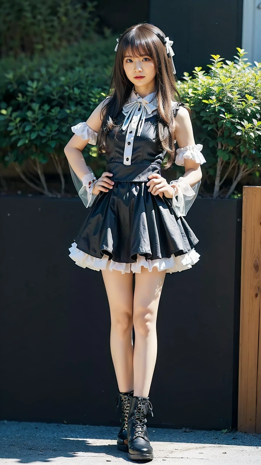 (8k、RAW Photos、Highest quality、masterpiece:1.2)、(Realistic、Realistic)、1 girl、((black and white、mini skirt、Goth、See-through、大きなribbon、Frills、boots、ribbon、garden、Thin legs、whole body、View from the front、Looking into the camera、Stand with hands on hips))、cute