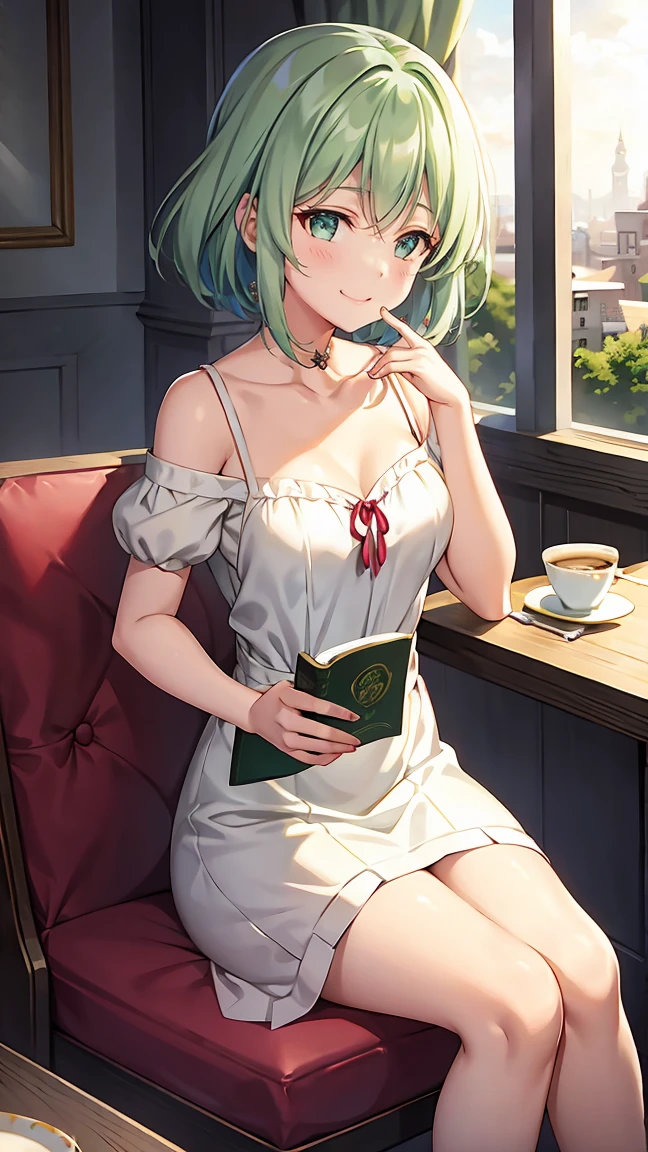 Shoulder-length green hair, Small size breasts, Small breasts、Green Eyes, 、(((Ladylike))),The whole body from head to toe、Feminine clothing、、smile、((sitting across from each other at a cafe))、、Elegant、、Well-groomed appearance、、beautiful、Afternoon tea、Stylish cafes in the city、、Thinking deeply、Tying up your hair、Reading