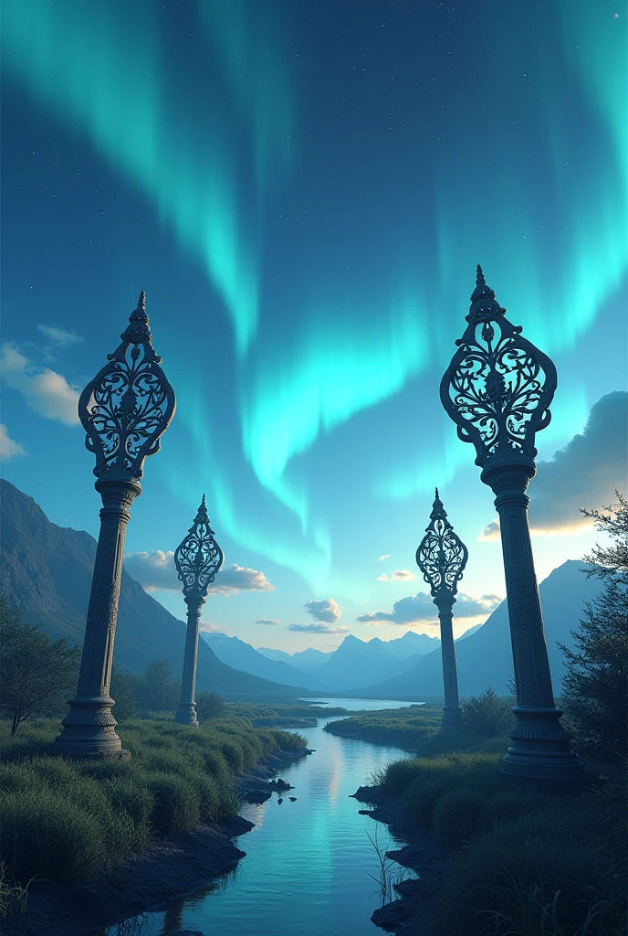 Make an 4K quality picture of a area under northern sky with islamic staffs