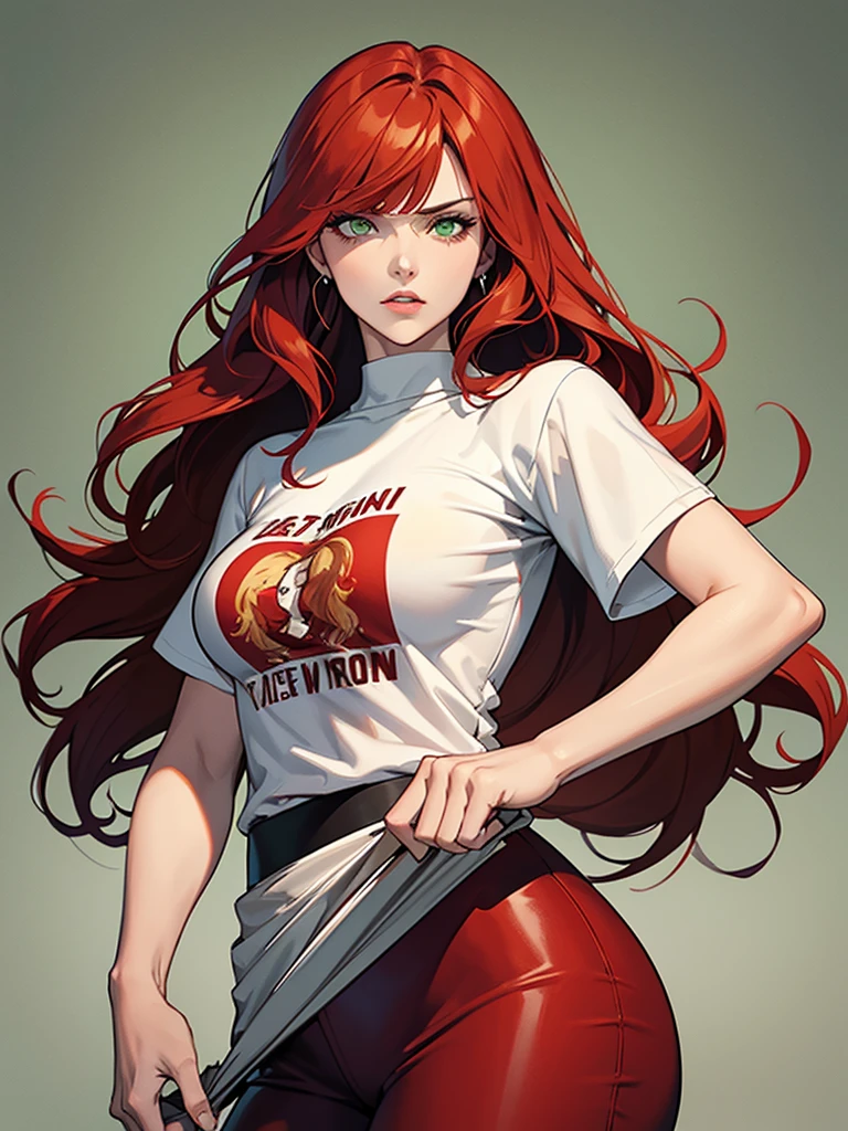 green eyes, red hair with long bangs. sadistic women, wavy long hair. strong woman.  she quiet. dominant woman. mafia. mature woman. girl boss. with bangs so long wavy red hair. boxing. wear pans and t shirt. background in town