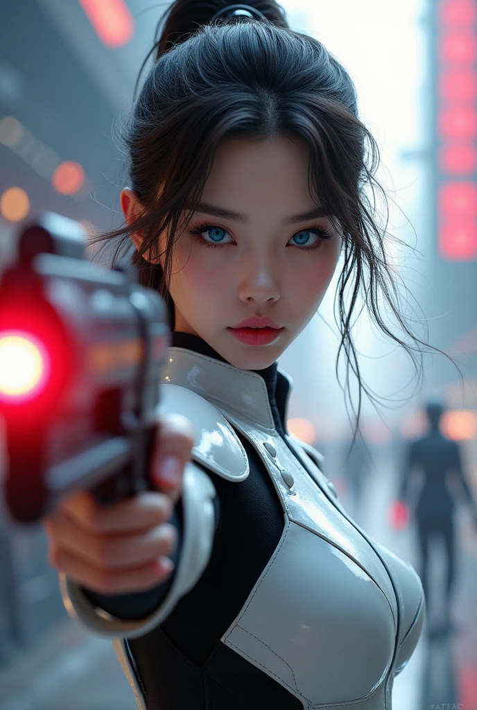 (masterpiece, best quality, beauty, best ratio, best shadows,best Illustration, wallpaper size,1080×2400 pixels, detailed face, pastel colors) star wars theme.
uhd, china female kungfu, korean beauty like tae yon, face fully visible, shooting pose, shining blue eyes, windblown hair, wear white and black futuristic full leather armory suit, left hand holding futuristic gun emits red energy with a shooting presence, on top background of an airport in outer space with red and orange signal lights flashing, outer space, space rider sand space troops seen on far away. use the RenderMan renderer.digital art. High definition, high contrast,high color saturation,128k,cinematic lighting, intricate,cinematic advertising photograph,cinema lens, super high res.