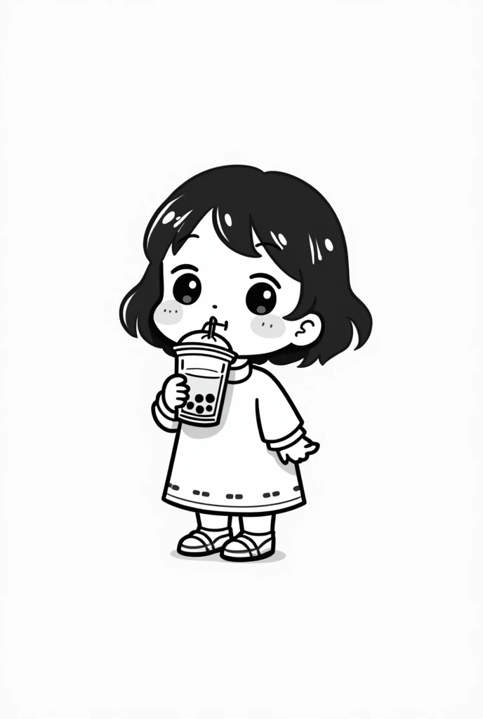 (Most of the background is solid white color.),Simple little cute cartoon girl, doodle, minimalist, black and white, drinking bubble milktea