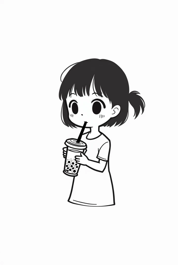 (Most of the background is solid white color.),Simple little cute cartoon girl, doodle, minimalist, black and white, drinking bubble milktea