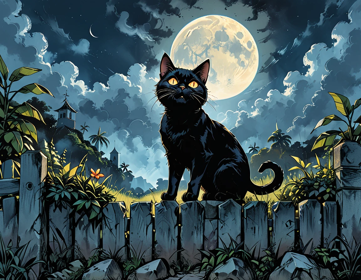 open mouth,
night, black cat, moon, glowing eyes, cat ((walking)) along above a stone fence, bottom view, tropics, clouds, graphic style of novel comics, 2d, 8k, hyperrealism, masterpiece, high resolution, best quality, ultra-detailed, super realistic, Hyperrealistic art, high-quality, ultra high res, highest detailed, lot of details, Extremely high-resolution details, incredibly lifelike, colourful, soft cinematic light,