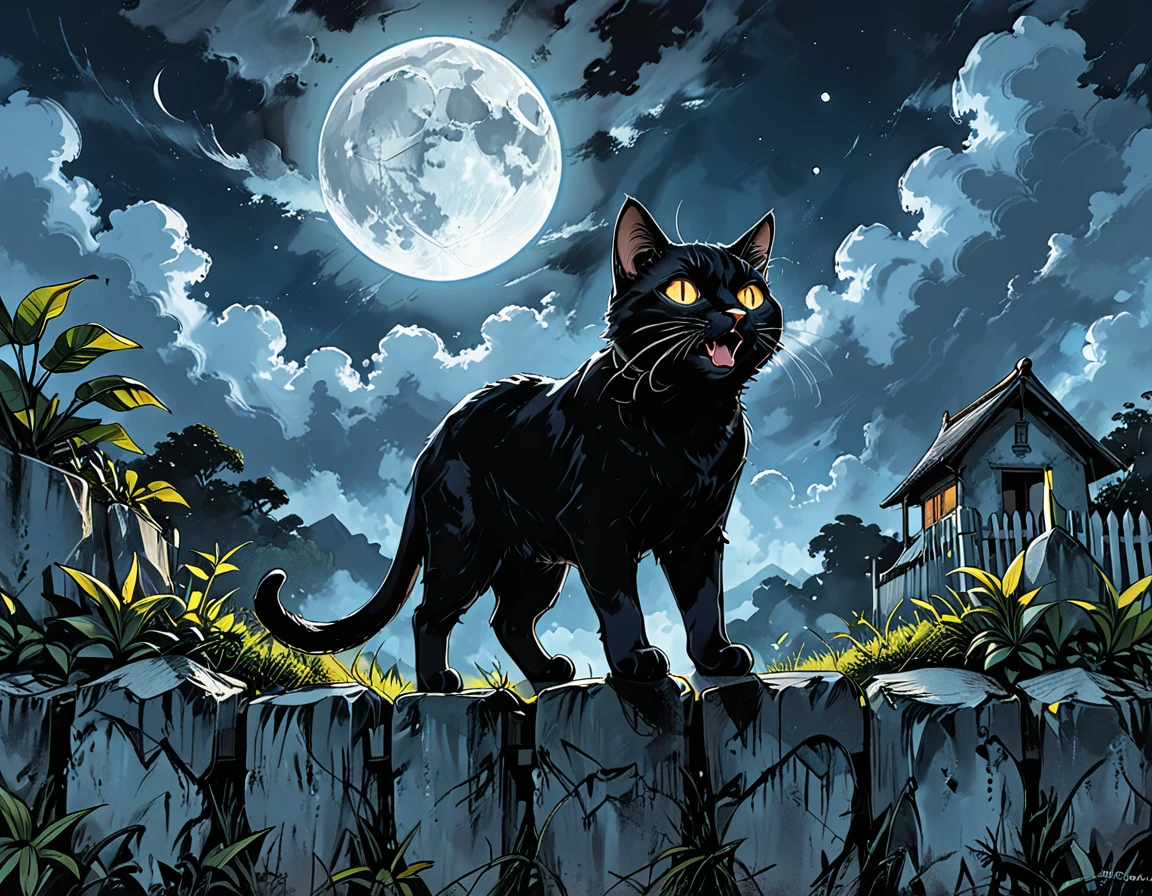 open mouth,
night, black cat, moon, glowing eyes, cat ((walking)) along  above a stone fence, bottom view, tropics, clouds, graphic style of novel comics,  2d, 8k, hyperrealism, masterpiece, high resolution, best quality, ultra-detailed, super realistic, Hyperrealistic art, high-quality, ultra high res, highest detailed, lot of details, Extremely high-resolution details, incredibly lifelike, colourful, soft cinematic light,