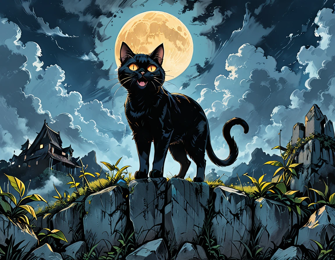 open mouth,
night, black cat, moon, glowing eyes, cat ((walking)) along above a stone fence, bottom view, tropics, clouds, graphic style of novel comics, 2d, 8k, hyperrealism, masterpiece, high resolution, best quality, ultra-detailed, super realistic, Hyperrealistic art, high-quality, ultra high res, highest detailed, lot of details, Extremely high-resolution details, incredibly lifelike, colourful, soft cinematic light,