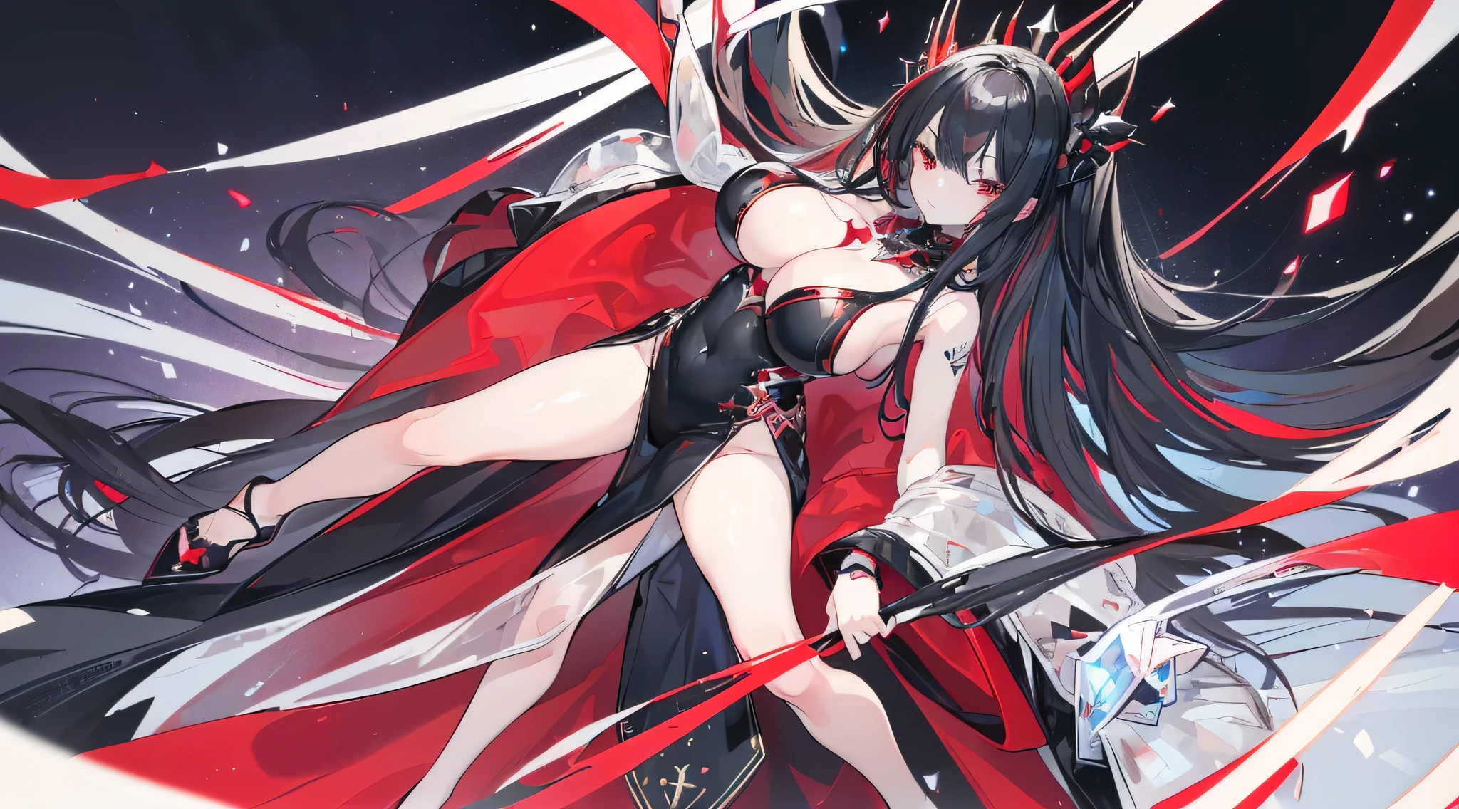 Exquisite eyes),(Clear and beautiful eyes:1.61),masterpiece, ung girl,(Black clothes and some red gems), Black long hair, (She has a huge red gem on her chest), Good Hand,((The Havoc of StarCraft)),full-body shot,Fighting Stance,(Red Eyes:1.466),short and small,(Very big breasts:1.35),(Pretty Face),(full-body shot:1.33),Beautiful hands
