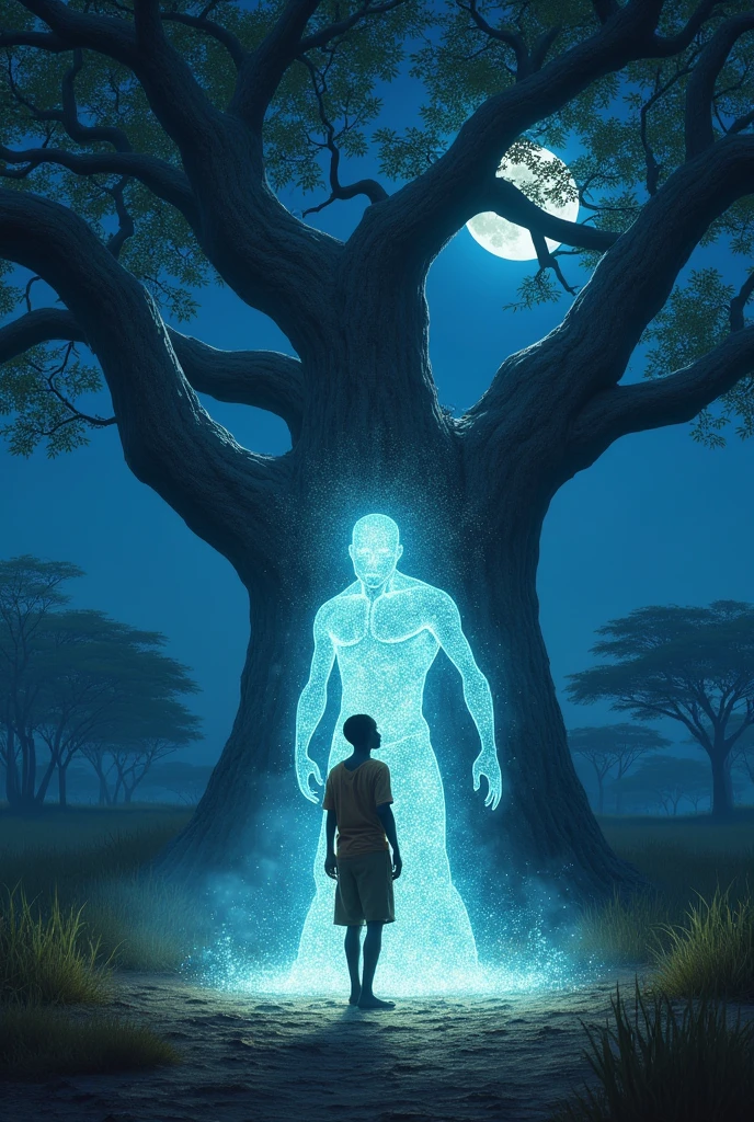 Scene 3: The Encounter
Prompt 1:
"Night under a full moon in the African village. The ancient baobab tree glows faintly, its bark illuminated with a mysterious energy. The village is quiet, with only the sounds of rustling leaves and distant animal calls."
Prompt 2:
"Kofi, the with bright eyes, stands before the glowing baobab tree, his expression a mix of awe and reverence. As he touches the tree, the Guardian, an ethereal being made of shimmering light and stardust, appears, its form constantly shifting like the night sky, radiating ancient wisdom."