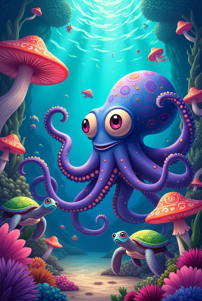 Create a psicodelic art with an psicodelic octopus in the bottom of the ocean with mushrooms and sea turtles and make it cartoon