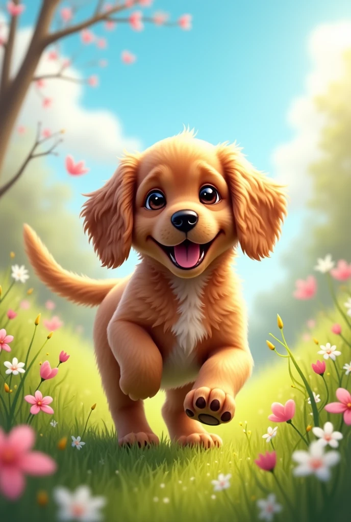 Spring background with cocker spaniel puppy,