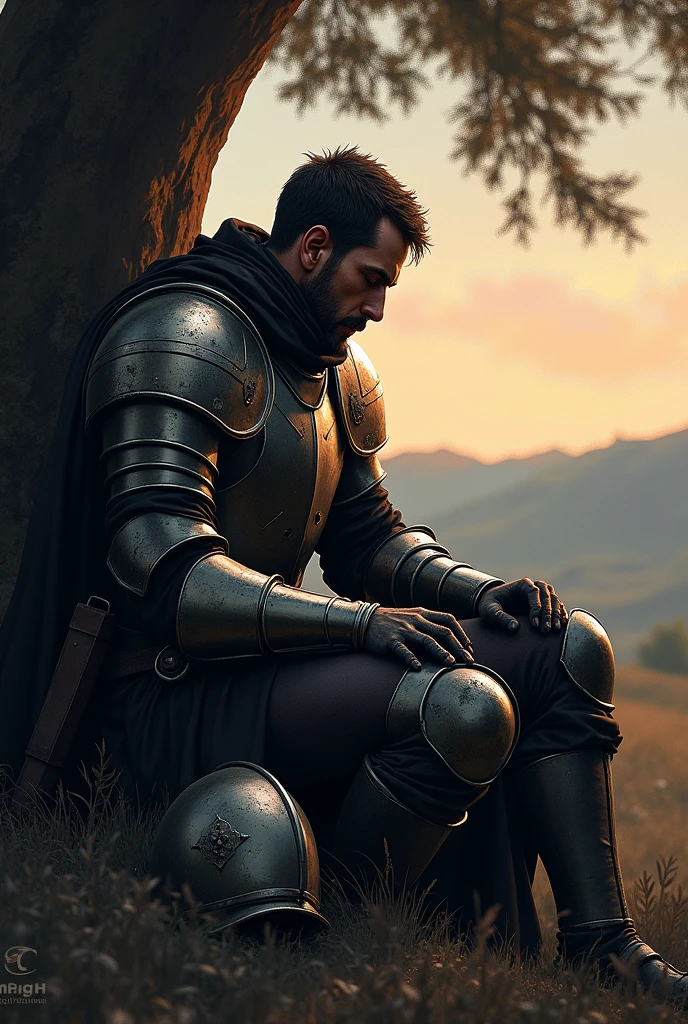 guerrier armure et casque , en armure en train de mourir dans un champs assis contre d'un arbre au crepuscule