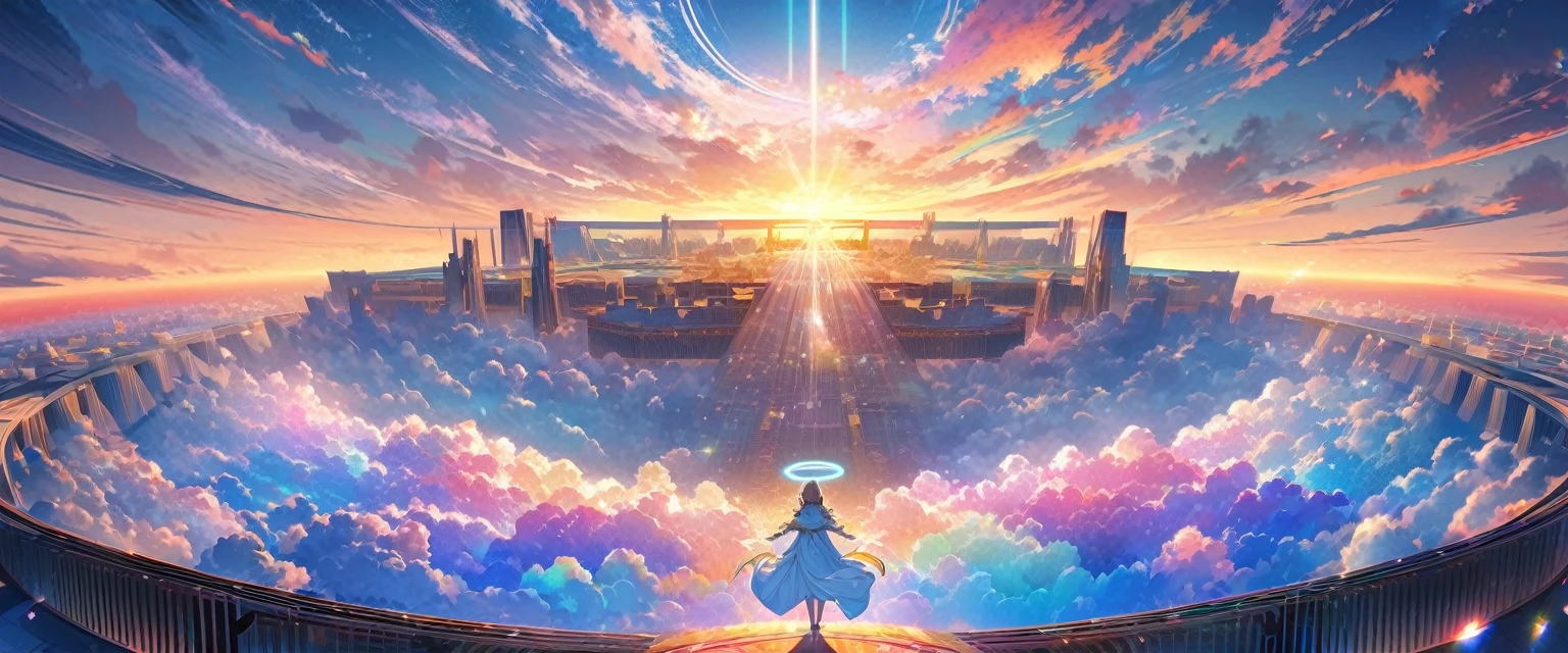 angelic, detailed woman with outstretched arms, woman wearing a robe, a halo of angels above the woman, vast celestial temple with open columns and a floor, floor, sunrise, horizon, in the sky, sea of clouds,colorful,high-res,8K)