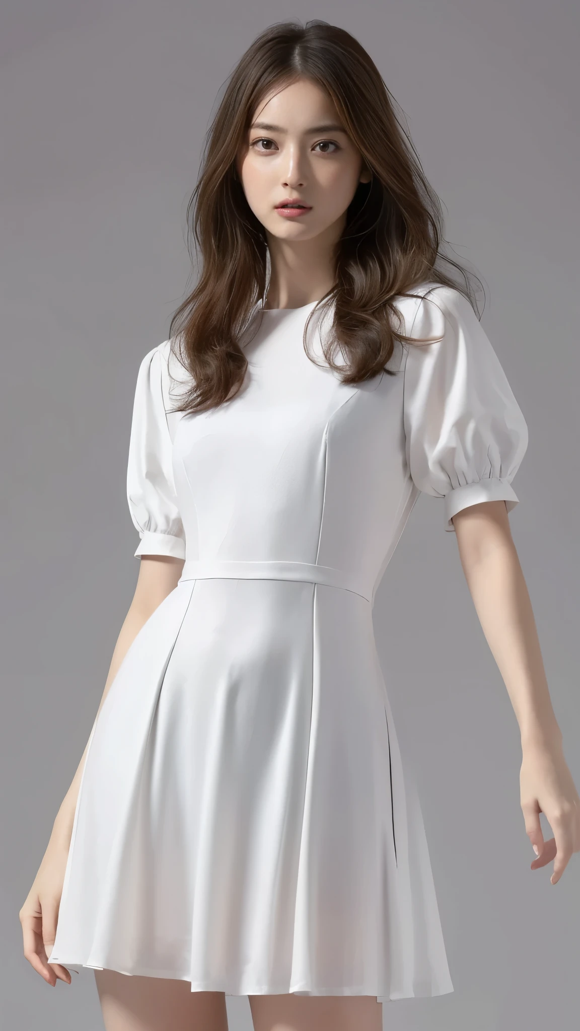 Highest quality,masterpiece,Ultra-high resolution,(Actual:1.4),Original photo,Ultra-high resolution,8K,There are also women,Fair skin、Transparent short-sleeved one-piece white dress ,long length skirts.
Long legs:1.5,Bright and beautiful,high waist,Flashy makeup,Gray background,