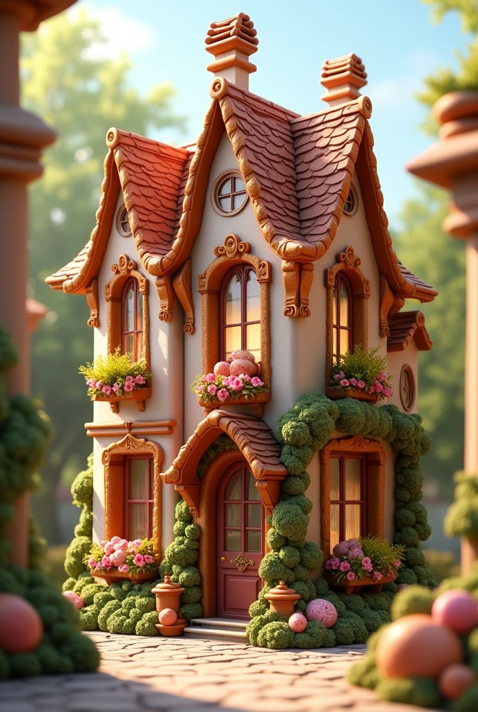 "4K ultrarealistic image of a French-style house constructed entirely out of croissants, pain au chocolat, chouquettes, sweet macarons, and other French pastries, with intricate architectural details formed by the layers and textures of the pastries. The house is situated in a quaint, cobblestone street typical of a French village, with soft, warm morning light casting delicate shadows. The croissants form the roof tiles, pain au chocolat creates the walls, and macaroons decorate the windowsills, while chouquettes add ornate details around the door and windows. The overall aesthetic is whimsical yet highly detailed, with a touch of surrealism, capturing the essence of French patisserie craftsmanship in architecture. The environment includes lush greenery and potted plants around the house, adding to the charming and inviting atmosphere. Rendered in 4K with extreme attention to texture, lighting, and photorealism, making every detail of the pastries and the French architectural style vividly clear."
