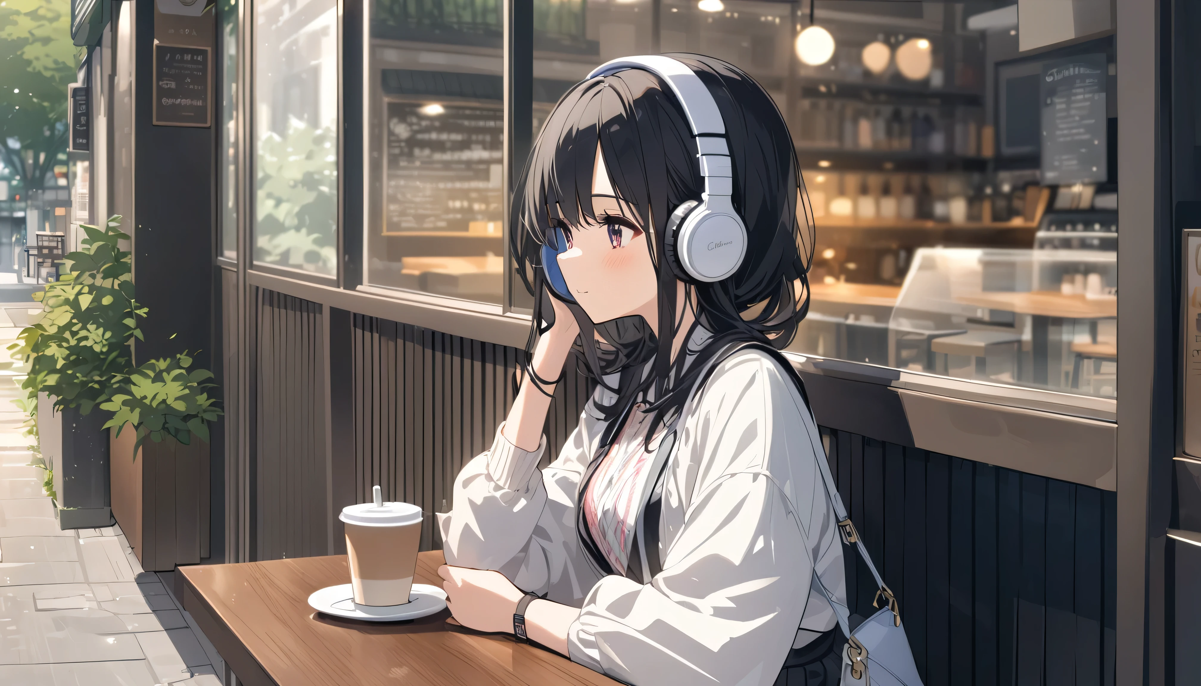 A woman with black hair and cute clothes sits calmly in a cafe in Tokyo waiting for someone,Streetscape、Listening to music with headphones、Japanese