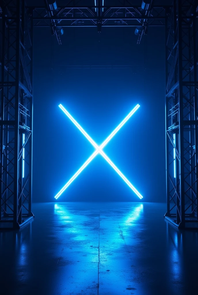 Background of a flyer show stage lights large black metal structure with dark blue,with large x of blue led with black ,with blue neon light falling from the ceiling ,and black background ,
With the audience in front of the show stage