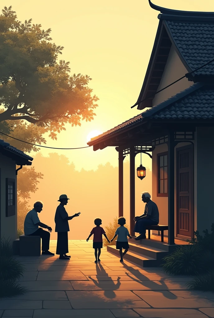 Silhouette of a house where elders sitting on the verandah and children playing on the courtyard in front of the house