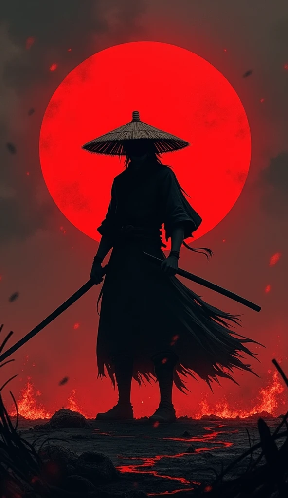 Demon Slayer riichi Tsugikuni。silhouette,There is a red moon in the background、Show me the sword、He is wearing a straw hat,The color is black.、The moon is in the center of the body、No Face。Burning Earth,