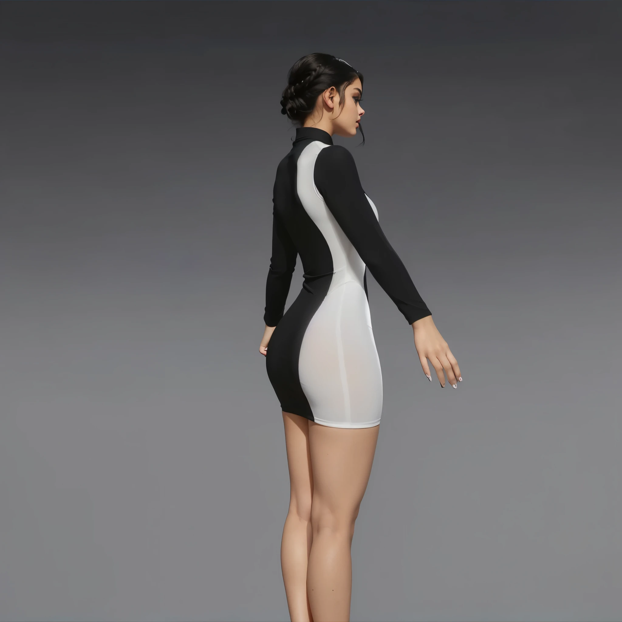 Side back view, ((Beautiful girl, Odeya Rush, KIKI Layne, Kylie Jenner, maitreyi ramakrishnan), ), Wearing tight white and black cotton-Lycra-fabric long sleeve mini dress, beautiful soft thighs, (HDR, 8K, vivid, vibrant, detailed: 1.4), (hyper realistic, movie graphics)