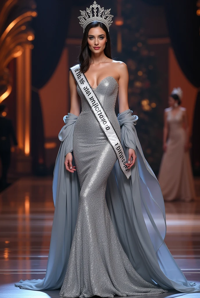 Miss universe, silver evening gown with silk shawl at left and right, at miss universe stage, wear crown and sash Miss Universe, elegant, beautiful, slim, don't smile, sexy vibes. Sharp eyes, cool, bold make up. Cignature sexy pose.