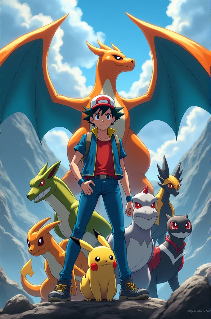 Ash with his strongest Pokemon team with Charizard, greninja, Pikachu, luckrio,sceptile and solgalio