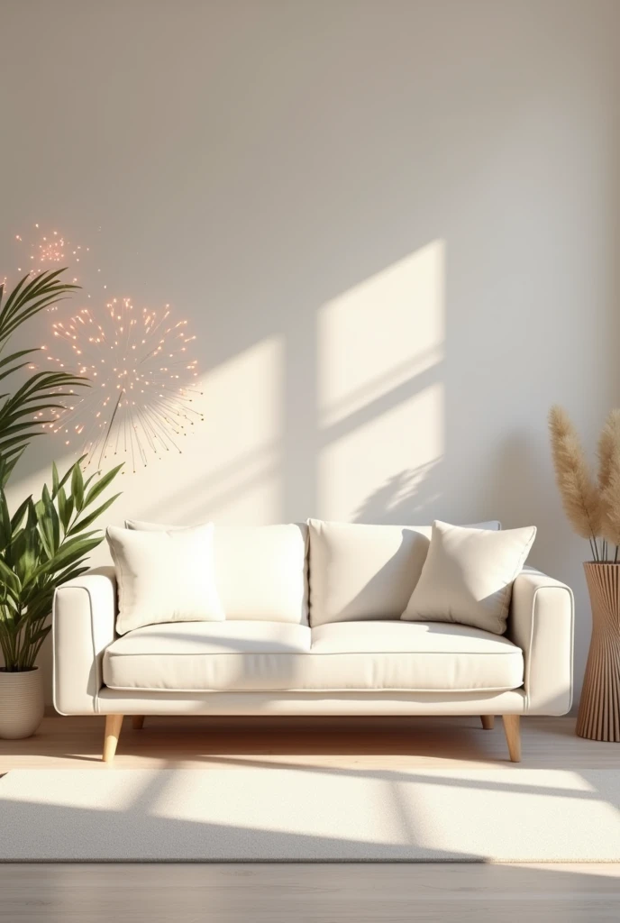 sofa in room which theme is white and fire work


