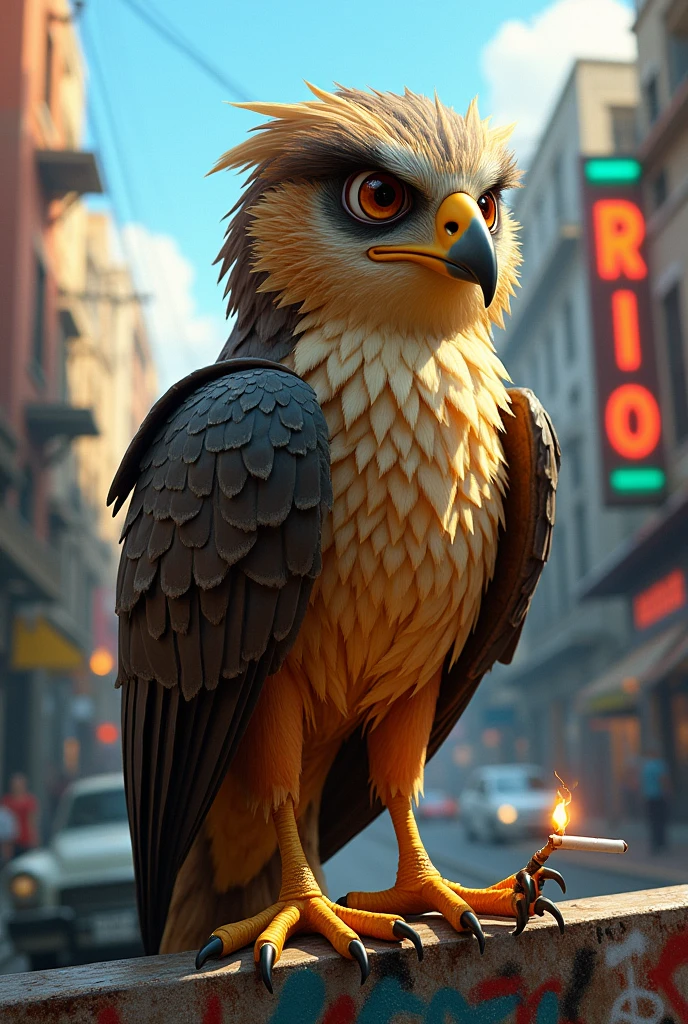 I wanted a hawk bird, in the same design format as the film RIO, on the street drinking and smoking a cigarette, and with a bohemian lifestyle