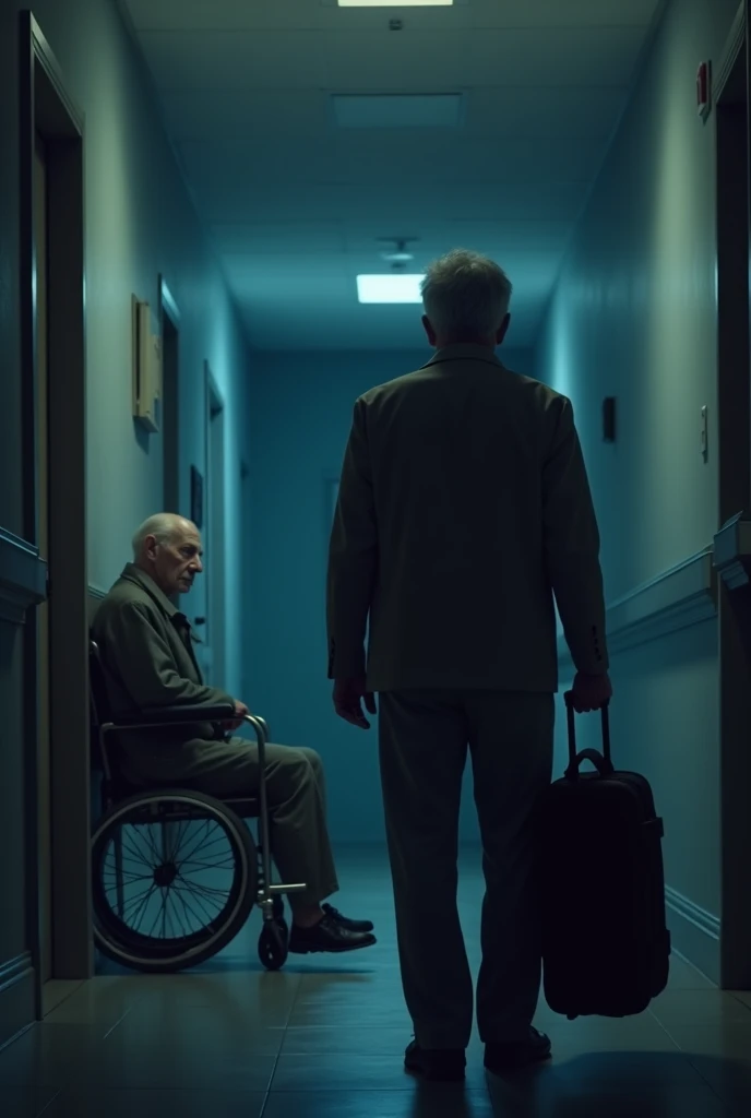 A melancholic scene in a dimly lit nursing home hallway. A middle-aged man, shown from the back or in profile, is holding a suitcase in one hand, hesitating as he prepares to leave. In the background, a frail elderly man sits in a wheelchair or on a bench against the wall, his expression a mix of sadness and understanding. The elderly man has a tear or a glimmer in his eye, emphasizing the emotional weight of the moment. The colors are predominantly cool, with shades of dark blue and gray, accented by a soft, warm light that creates a subtle contrast. Text overlay: 'The price of choice...' or 'A decision that changes everything...' in impactful, slightly shadowed letters."