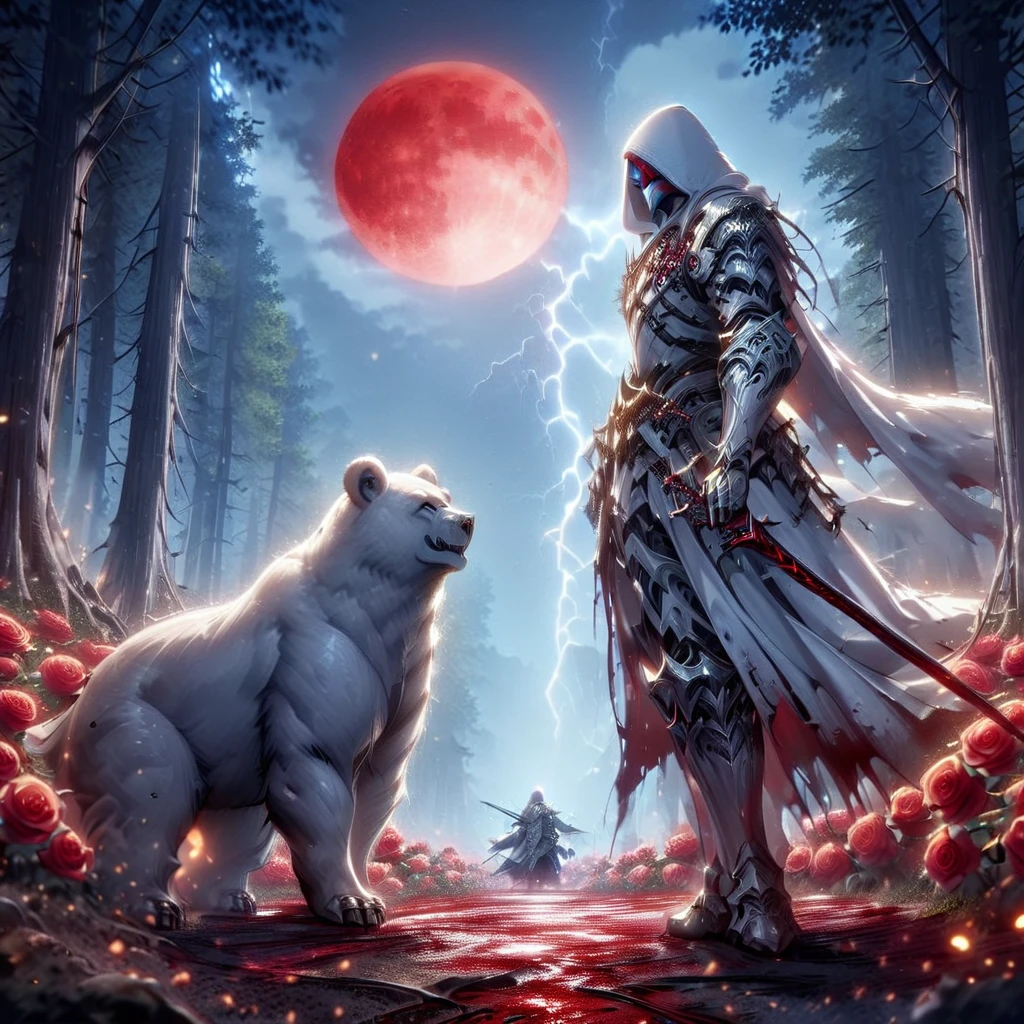 Dynamic picture where a man with a white hood with bear ears and a katana sits riding a big polar bear in a forest while the blood moon shines, many Roses cover the ground and lightning falls from the sky. The man wears a red blindfold.