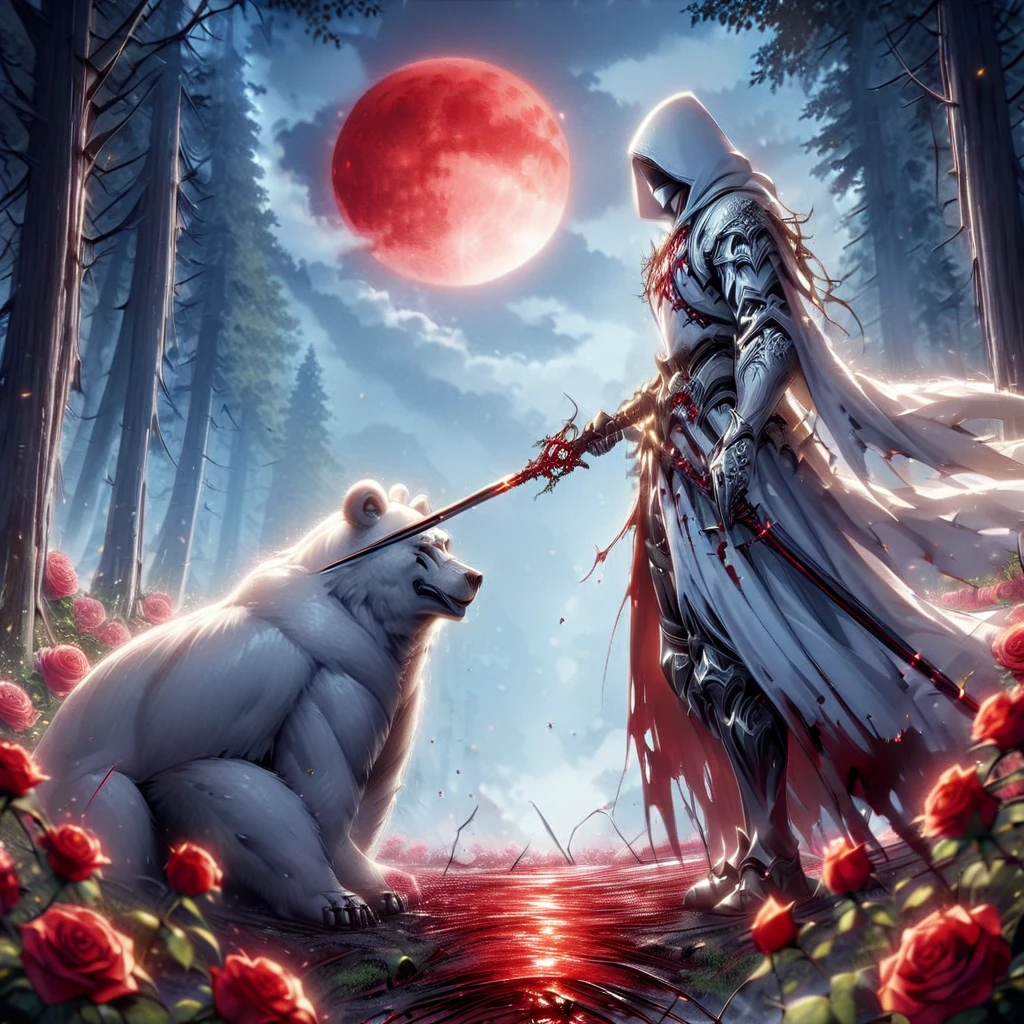 Dynamic picture where a man with a white hood with bear ears and a katana sits riding a big polar bear in a forest while the blood moon shines, many Roses cover the ground and lightning falls from the sky. The man wears a red blindfold.