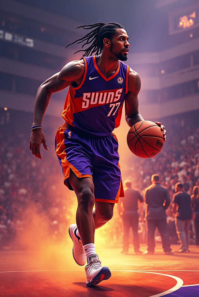 Basketball player, phoenix suns, wears a sleeve on the right arm, Cornrows short hair, male, shipowner, Allen Iverson , on the court, Number 77, little beard gradient, Uniform Fast Break do Phoenix Suns