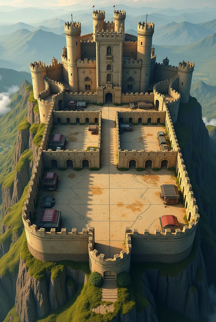 Dungeon and dragon map of a castle on a hill with a two-wall defensive system. There is a parade ground in the outer wall., a blacksmith shop, stables guard towers, a barbican to defend the main gate. In the inner wall is the throne room, a library, a kitchen, a study room for the king and rooms for guests