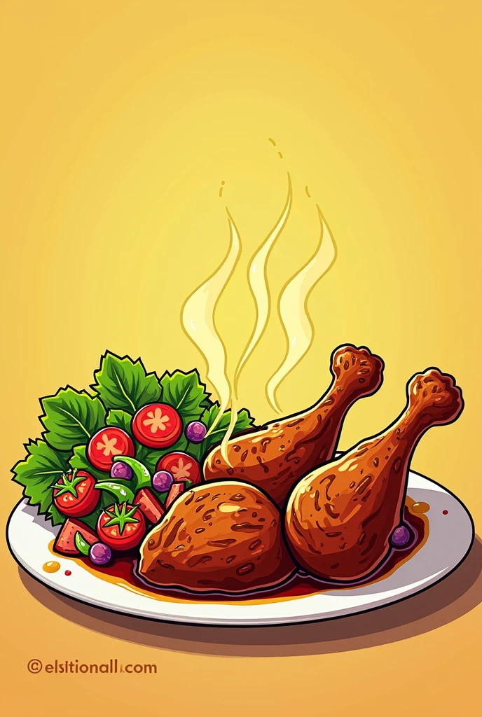 cartoon jamaican jerk chicken on a plate with salad