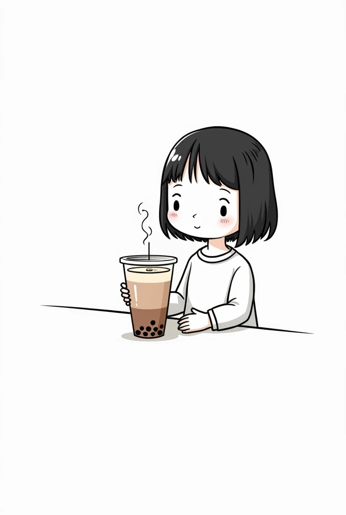 （Most of the background is solid white color.），Simple little cute cartoon girl, doodle, minimalist, black and white, , drinking milktea