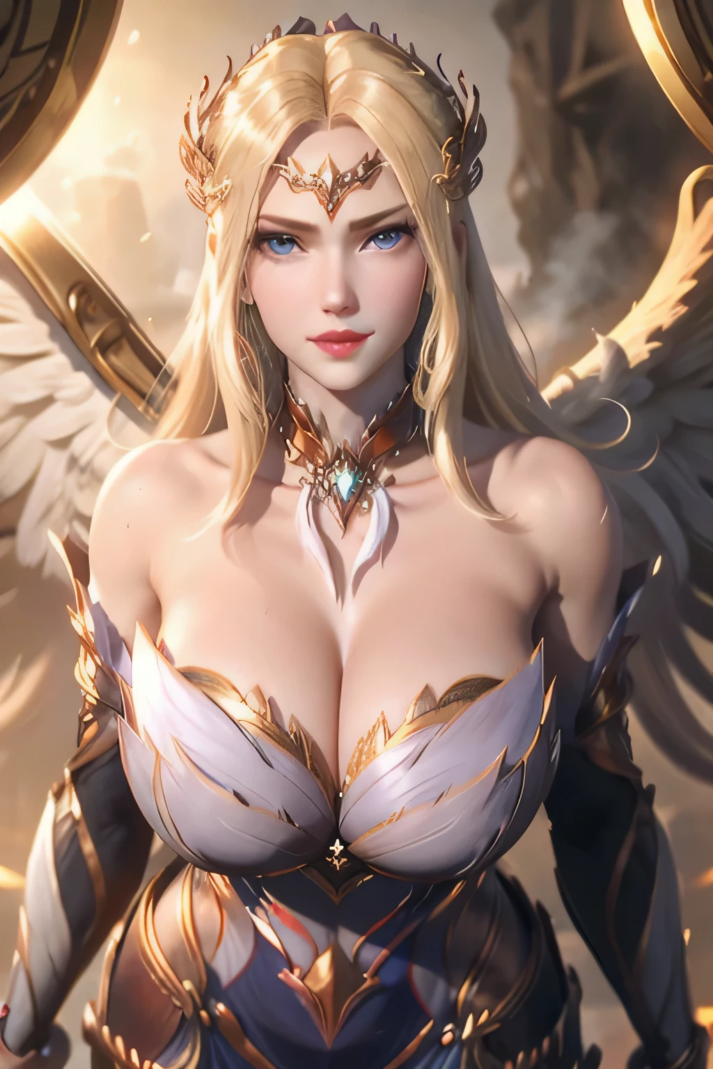 masterpiece,Soul Land_Qian Renxue ,best quality,Soul Land_Qian Renxue black white dress, gigantic breasts,muscle,in dungeon, looking at viewer, cowboy shot,golden hair, curvy, blue eyes,fog,drenched in sweat,pink cheeks,shiny suit ,smile without opening her lips,goden light,balanced eyes,plump body,jewelry,Detailed fingers ,round breasts,perfect face,golden ring on forehead,mature face,angel