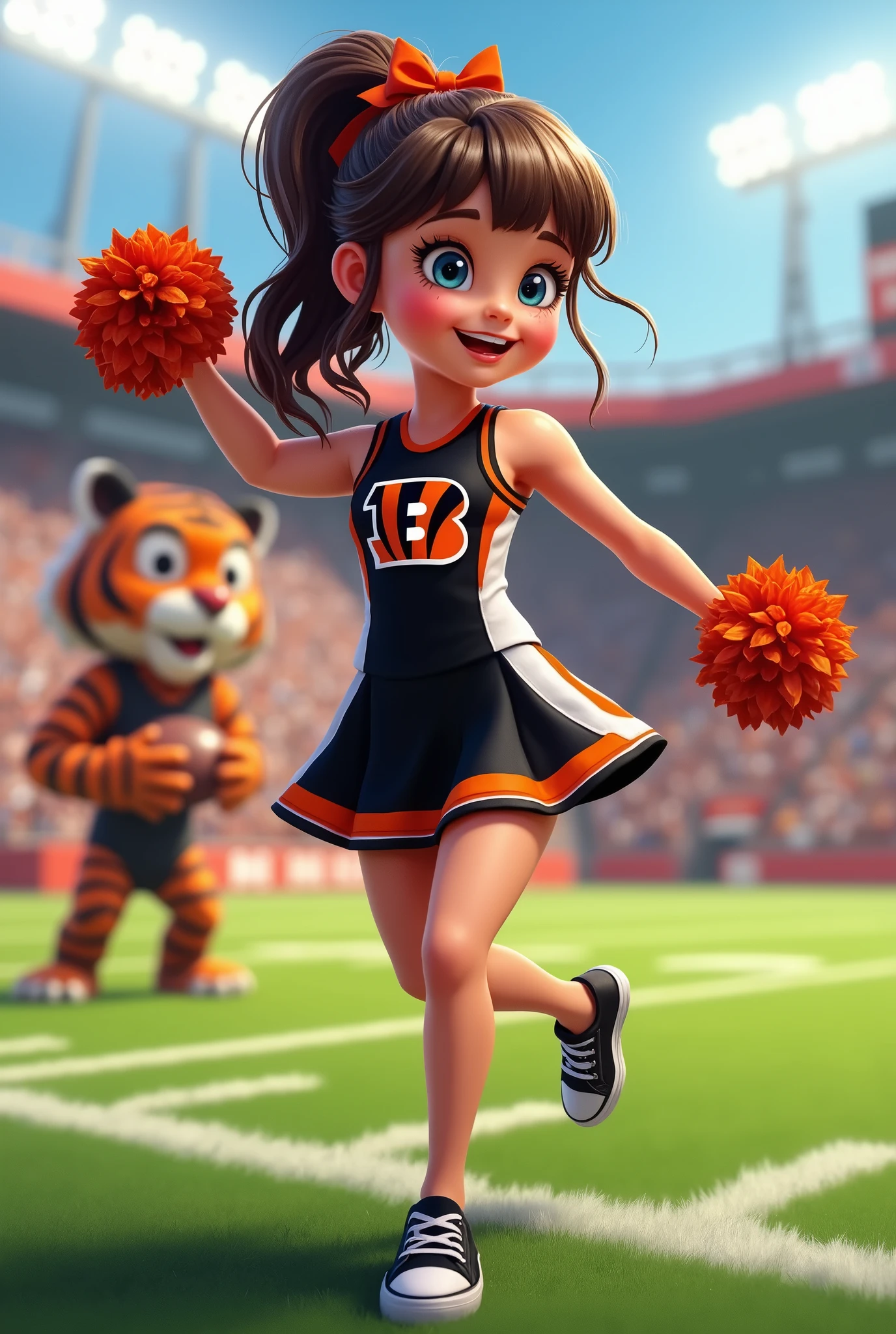 Bengals cheerleader tween
Chunky body
Brown hair, medium length in ponytail, bangs,
blue eyes
football field
Black & orange one piece outfit with Bengals logo black shoes no socks
hair bow
With tiger on field
Smiling
