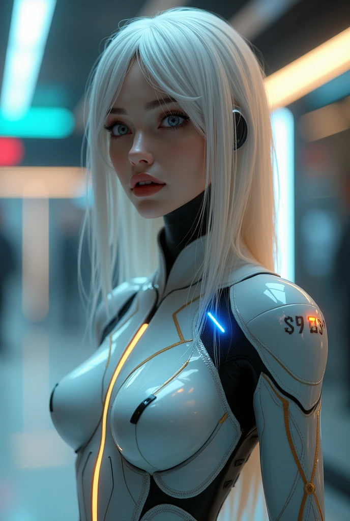 Create a semi-realistic image of a humanoid named Nova with an almost human appearance. Show her full body, with smooth and natural skin, Pale Tom, and elegant and realistic hair. Nova wears a tight-fitting futuristic outfit, metallic in color, with illuminated panels that display a visible model number and LED accents. Your eyes are expressive and contemplative. She is in a thoughtful pose, perhaps with a hand touching the face, in a futuristic environment with technological elements, as panels