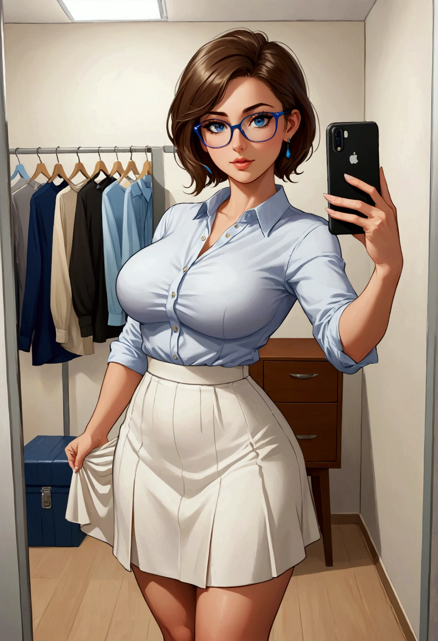 20 years old woman, Short brown hair, Mediterranean with blue eyes, Generous and heavy breasts, slender waist, definition of l&#39;estomac, fesses rebondies et pulpeuses, naturally curved, muscular thighs, aguicheuse , blue eye, lunettes, fitting room, White long Skirt , blouse ,heels, Selfie, earrings 