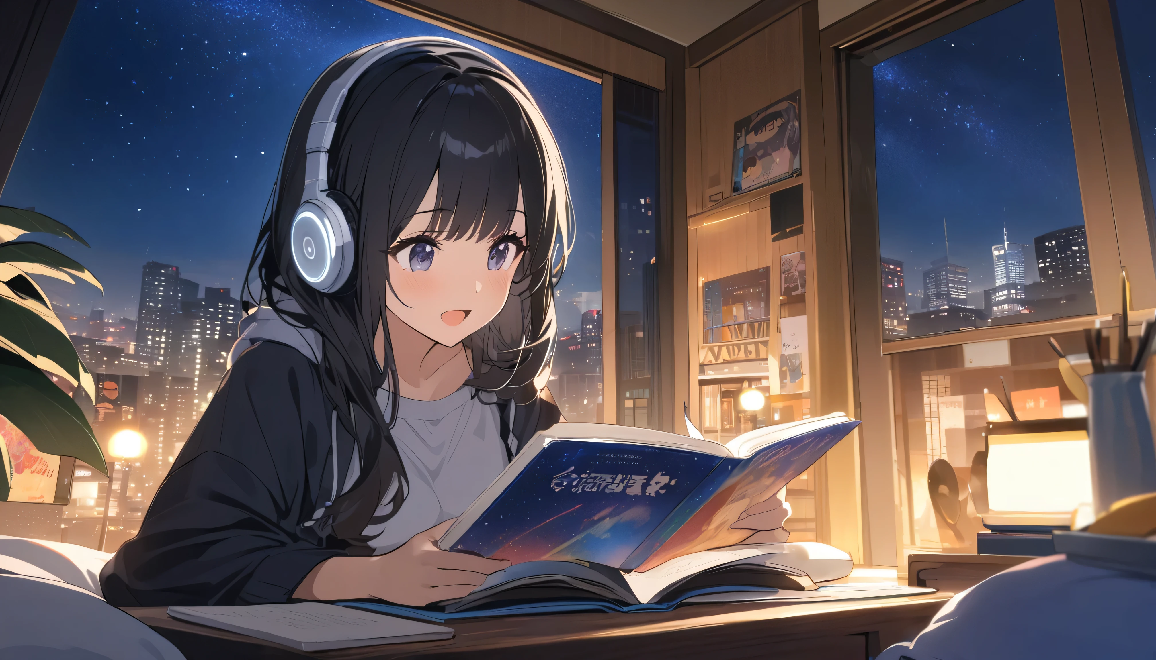 A black-haired woman wearing headphones reading a book in her room,Night starry sky,Streetscape、listen to music、Japanese