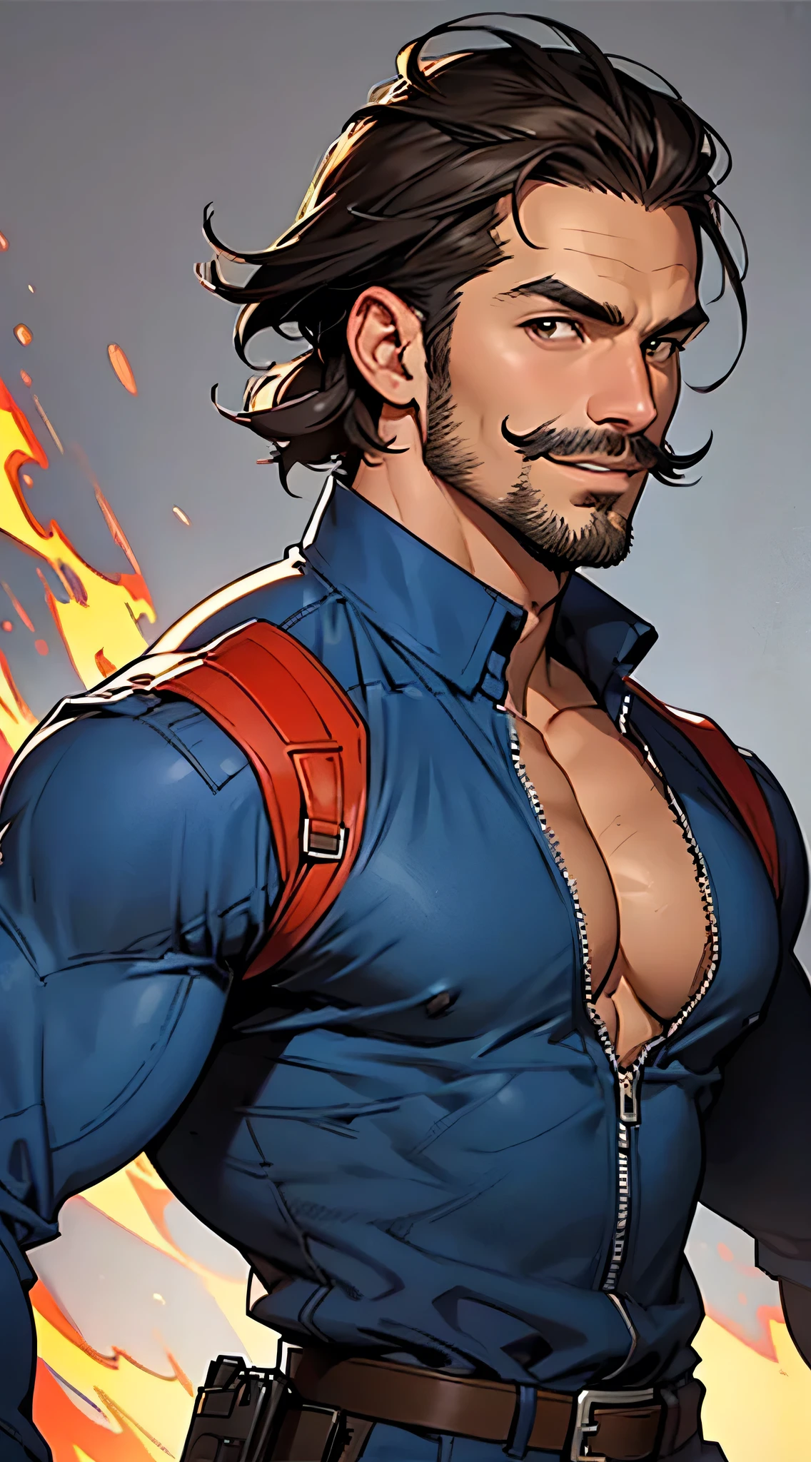 1man, dark brown hair, brown eyes, Chinese eyes, strong jaw, mustache, hero suit, looking at viewer, male focus, mature male, muscular, muscular male, pectoral cleavage, pectorals, shirt, short hair, sideburns, simple background, smile, solo, stubble, upper body, burning town background, driving truck, American Comic Art Style
