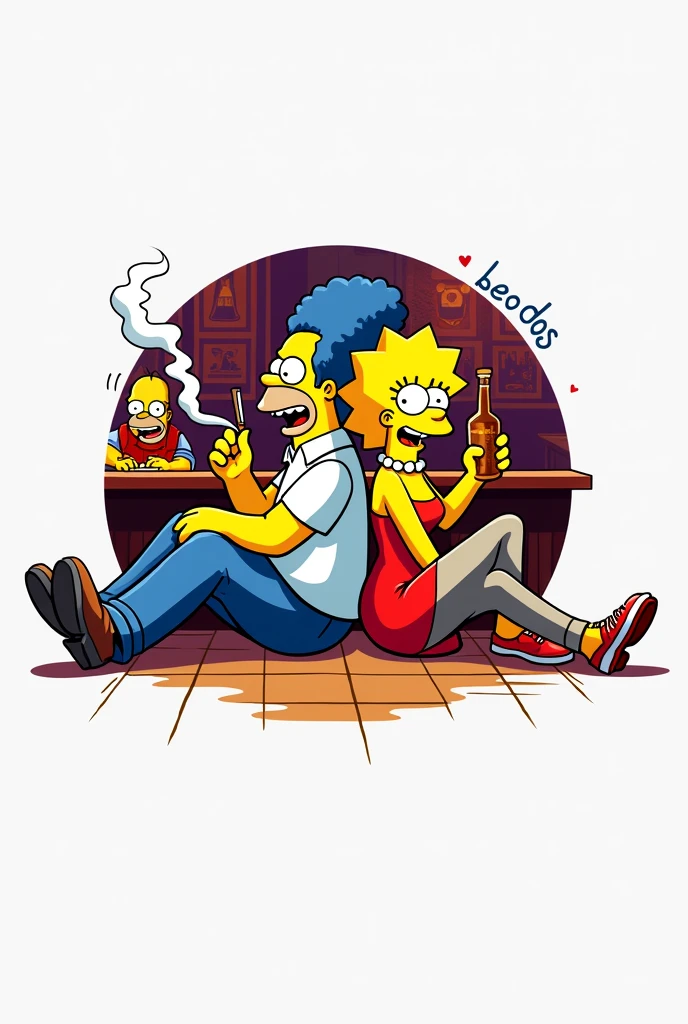 Generate etiqueta de cerveza of a man feliz sitting on the floor smoking a cigarette, woman feliz sitting on the floor drinking a bottle of whiskey, back to back,text "BEODOS", Homer Simpson, Marge Simpson, bar de Moe